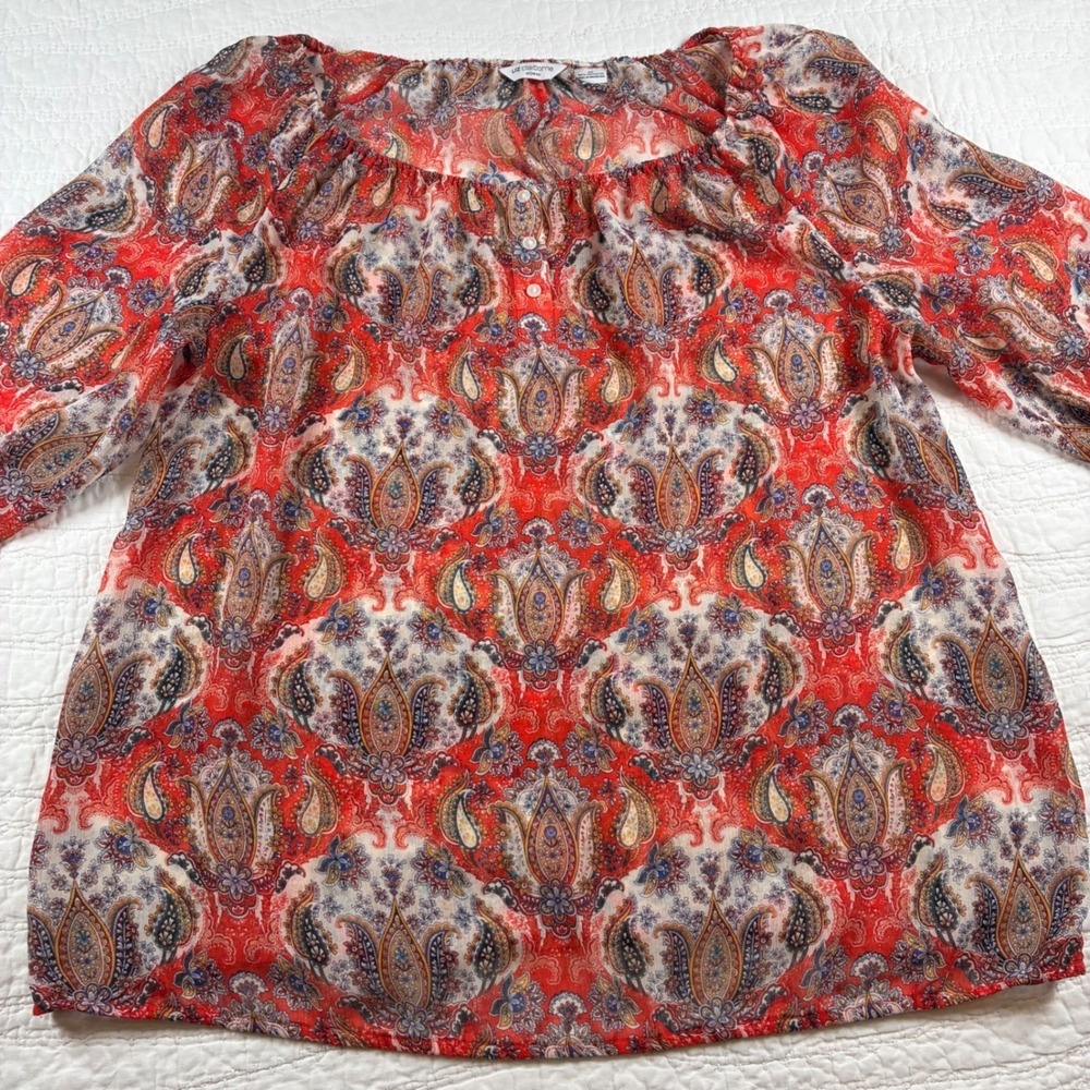 Liz Claiborne Blouse Woman 1X Red Paisley Sheer Chiffon Boho Peasant Top Sheer